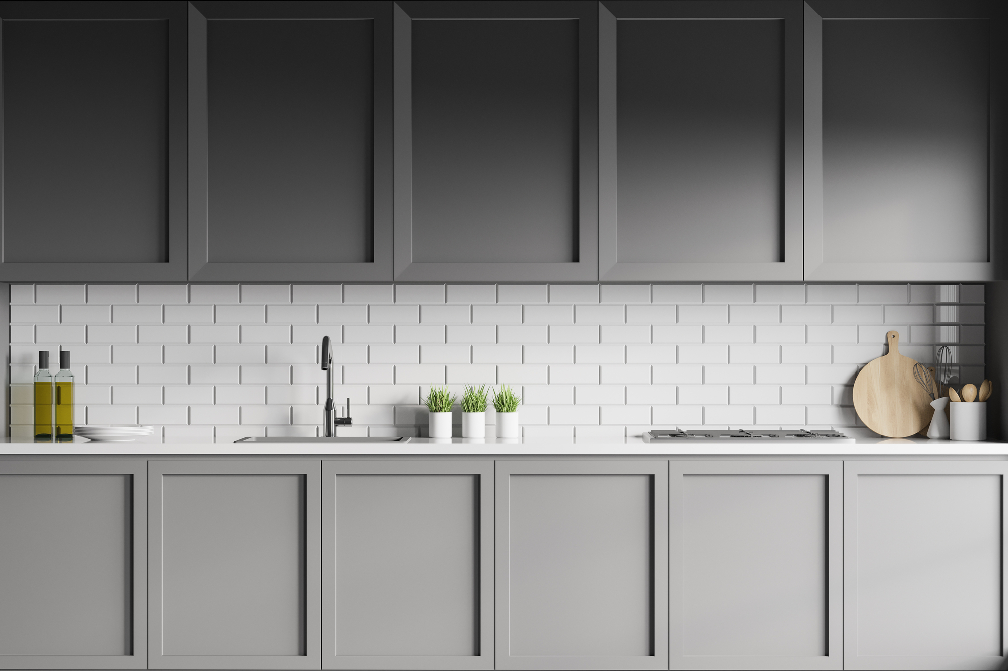 Interior of modern kitchen with white brick walls, dark blue cupboards and countertops with built in sink and cooker. 3d rendering